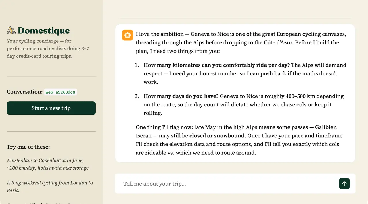 The concierge asking clarifying questions about daily distance and trip length before planning