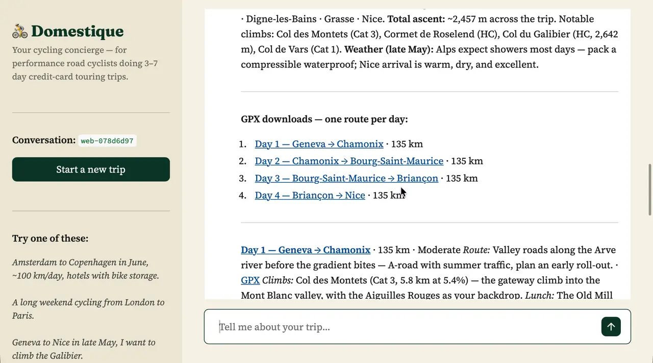 A generated plan with per-day GPX route downloads, total ascent and notable climbs