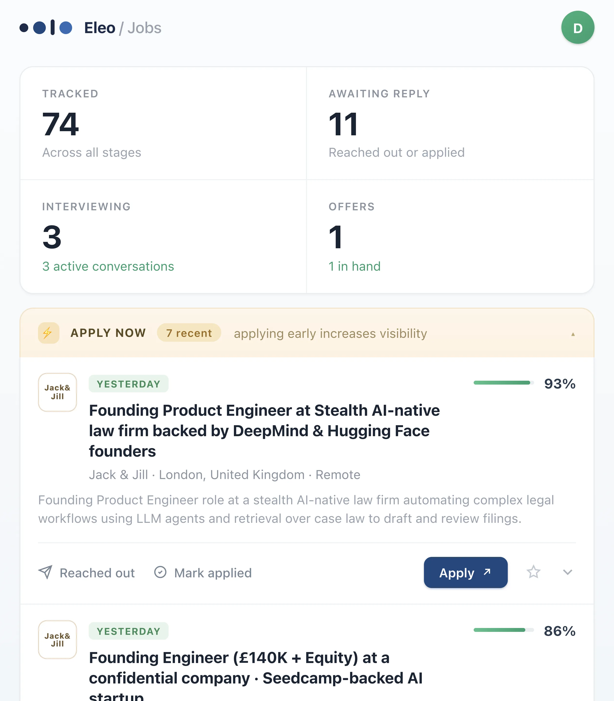 Eleo Jobs dashboard: 74 roles tracked, 11 awaiting reply, 3 interviewing, 1 offer, with an LLM-scored shortlist showing match percentages and apply actions